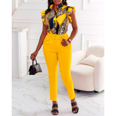 Baroque Leopard Print Flutter Sleeve Top & Pants Set - yellow