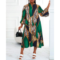 Baroque Leopard Print Lantern Sleeve Slit Casual Dress - green