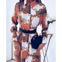 Baroque Leopard Print Long Sleeve Shirt Dress - Multicolor