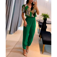 Baroque Leopard Print Puff Sleeve Top & Cuffed Pants Set - green