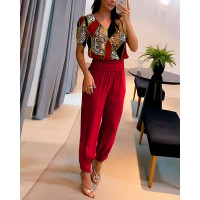 Baroque Leopard Print Puff Sleeve Top & Cuffed Pants Set - red