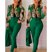 Baroque Leopard Print Shirt & Belted Pants Set - green