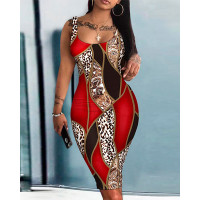 Baroque Leopard Print Sleeveless Bodycon Dress - red