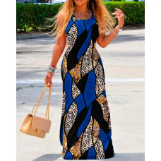 Baroque Leopard Print Sleeveless Casual Maxi Dress - blue