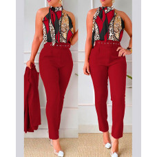 Baroque Leopard Print Tank Top & Pants Set With Belt - red