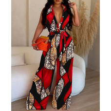 Baroque Leopard Print Wide Leg Jumpsuit - red