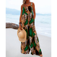 Baroque Leopard Print Wide Leg Suspender Jumpsuit - dark green