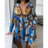 Baroque Letter Print Button Front Long Sleeve Shirt Dress - blue