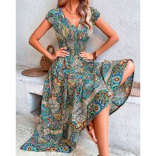 Baroque Paisley Print V-Neck Ruched Casual Dress - blue