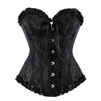 Baroque Pattern Tummy Control Overbust Boned Bustier Corset Eyelet Lace-up Shapewear Top - black