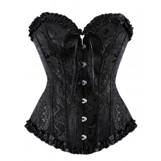 Baroque Pattern Tummy Control Overbust Boned Bustier Corset Eyelet Lace-up Shapewear Top - black