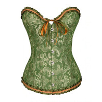 Baroque Pattern Tummy Control Overbust Boned Bustier Corset Eyelet Lace-up Shapewear Top - green