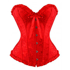 Baroque Pattern Tummy Control Overbust Boned Bustier Corset Eyelet Lace-up Shapewear Top - red