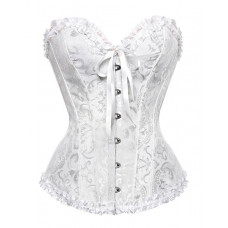 Baroque Pattern Tummy Control Overbust Boned Bustier Corset Eyelet Lace-up Shapewear Top - white