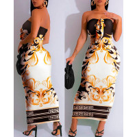 Baroque Print Bandeau Knotted Maxi Dress - Multicolor