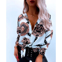 Baroque Print Button Decor Long Sleeve Top - white