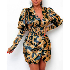 Baroque Print Gigot Sleeve Bodycon Dress - yellow