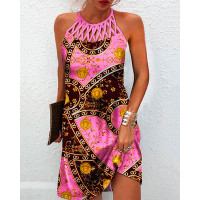 Baroque Print Hollow Out Sleeveless Casual Dress - pink