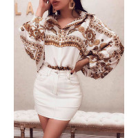 Baroque Print Lantern Sleeve Casual Blouse - white