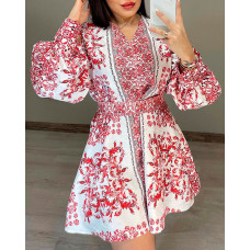 Baroque Print Lantern Sleeve Slim Waist Dress - red