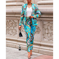 Baroque Print Long Sleeve Blazer & Pants Set - blue