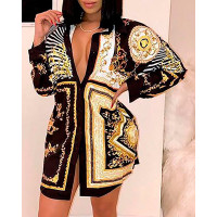 Baroque Print Long Sleeve Shirt Dress - gold