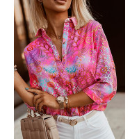 Baroque Print Long Sleeve Shirt - hot pink