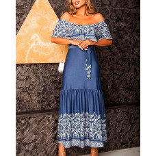 Baroque Print Off Shoulder Maxi Dress - blue