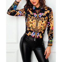 Baroque Print Slit Fit Button Shirt - black