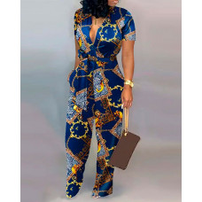 Baroque Print Tied Detail Wide Leg Jumpsuit - blue