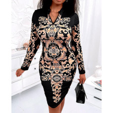 Baroque Print Zipper Detail Long Sleeve Bodycon Dress - black