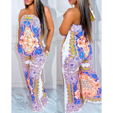 Baroque Scarf Print Bandeau Wide Leg Jumpsuit - Multicolor