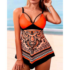 Baroque Tribal Print Cross Strap Swim Dress & Panty Set - orange