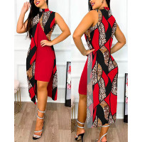 BaroqueВ LeopardВ Print Slit Asymmetrical Casual Dress - red