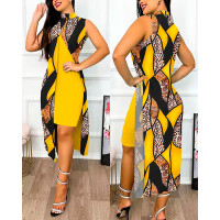 BaroqueВ LeopardВ Print Slit Asymmetrical Casual Dress - yellow