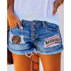 Baseball Leopard Print Patchwork Ripped Denim Shorts - blue