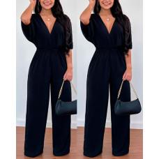 Batwing Sleeve Backless Tied Detail Jumpsuit - black