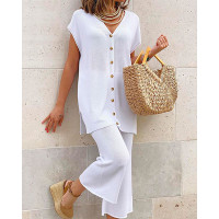 Batwing Sleeve Button Front Knitted Top & Pants Set - white