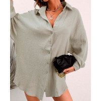 Batwing Sleeve Button Front Shirt Dress - light gray