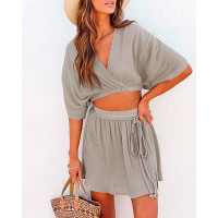 Batwing Sleeve Crop Top & Drawstring Skirt Set - khaki