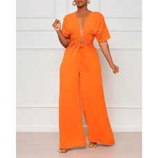 Batwing Sleeve Drawstring Cutout Wide Leg Jumpsuit - orange