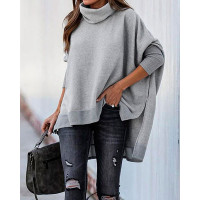 Batwing Sleeve High Low Split Hem Turtleneck Sweater - gray