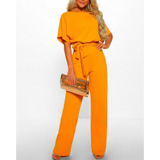 Batwing Sleeve Keyhole Back Belted Jumpsuit - yellow