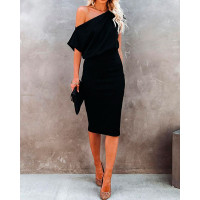 Batwing Sleeve Off Shoulder Midi Dress - black