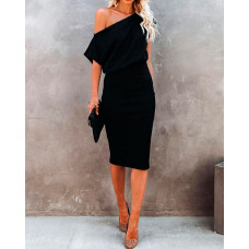 Batwing Sleeve Off Shoulder Midi Dress - black