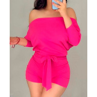 Batwing Sleeve Off Shoulder Tied Detail Romper - hot pink