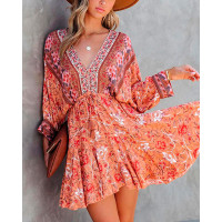 Batwing Sleeve Open Back Floral Print Dress - orange