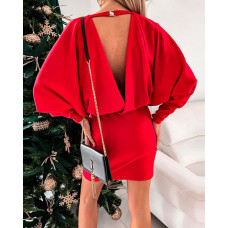 Batwing Sleeve Open Back Work Dress - red