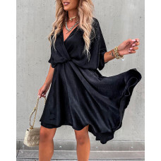 Batwing Sleeve Overlap Flowy Swing Dress - black