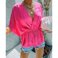 Batwing Sleeve Overlap Peplum Top - hot pink